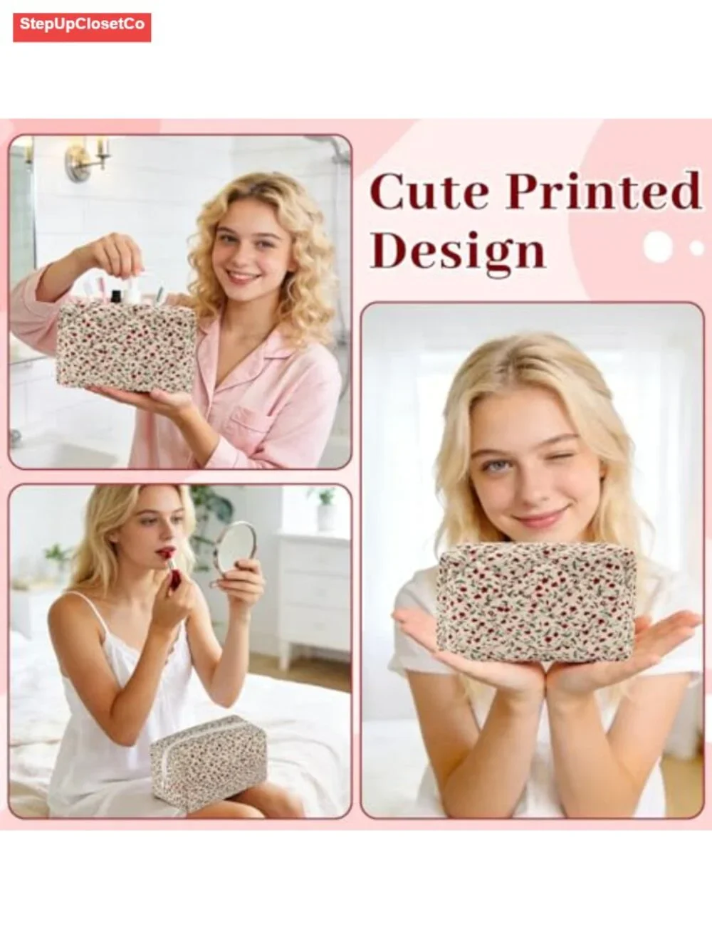 Quilted Cotton Floral Makeup Bag Organizer Travel Toiletry Pouch